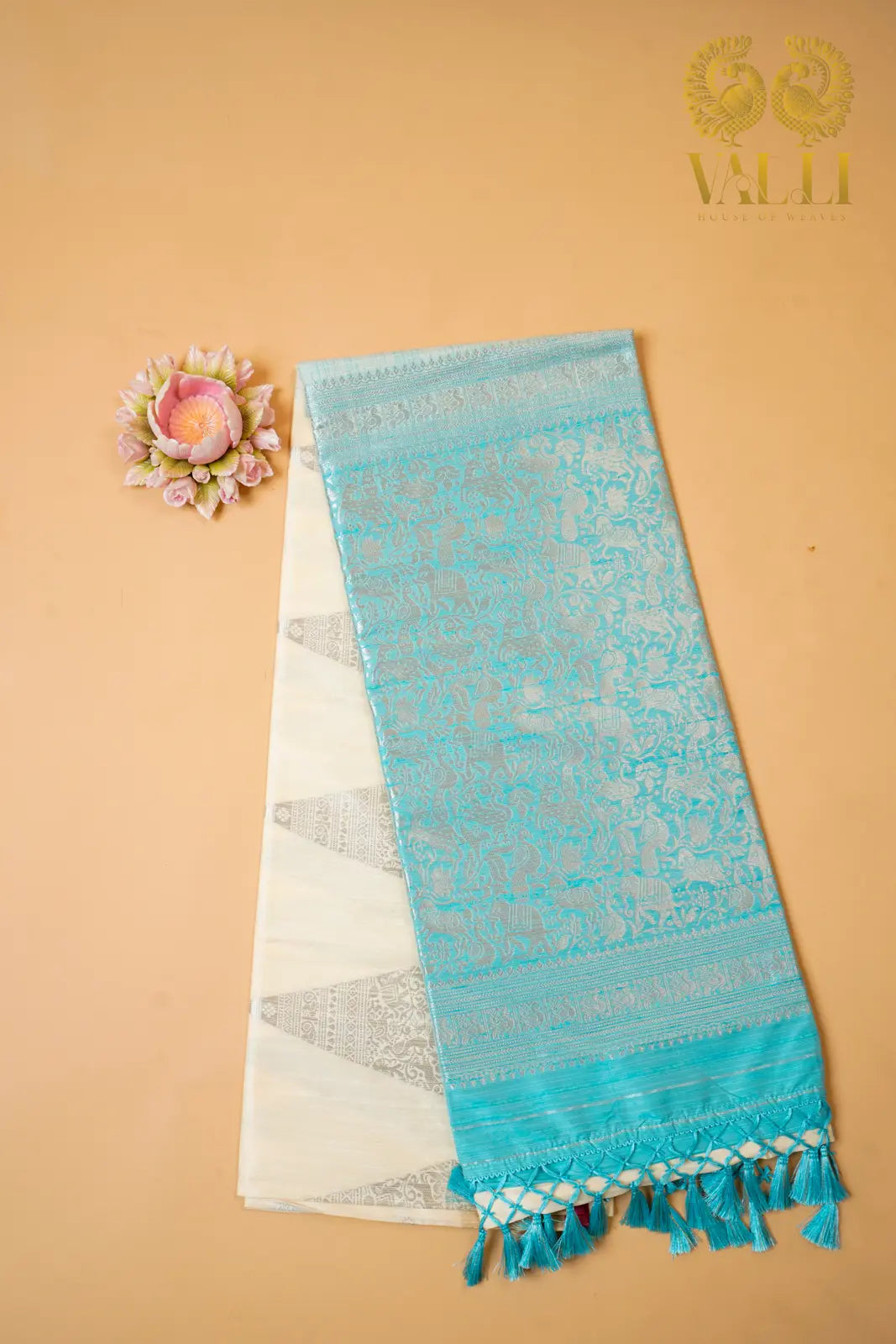 Raw Silk Ivory & Sky Blue Vanasingaram Saree