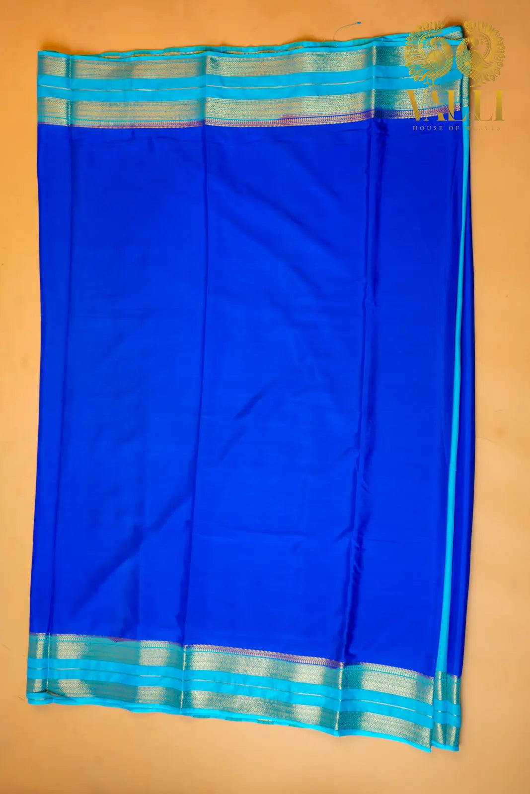 Semi Crepe Silk Rama Blue Saree with Gold Stripe Pallu