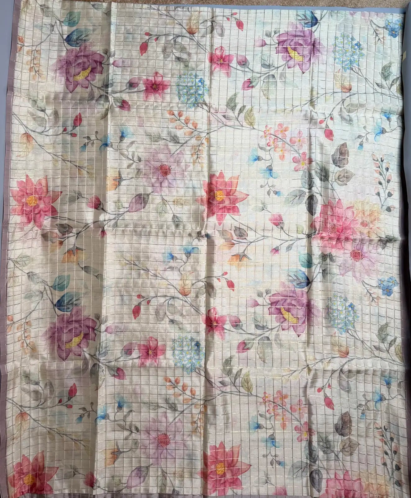 Pastel Floral Digital Print Saree with Zari Checks