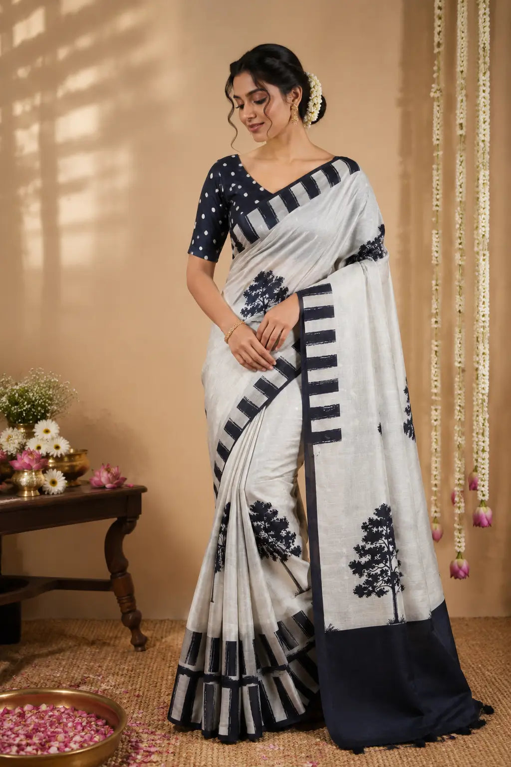 Tussar black and white stripes saree