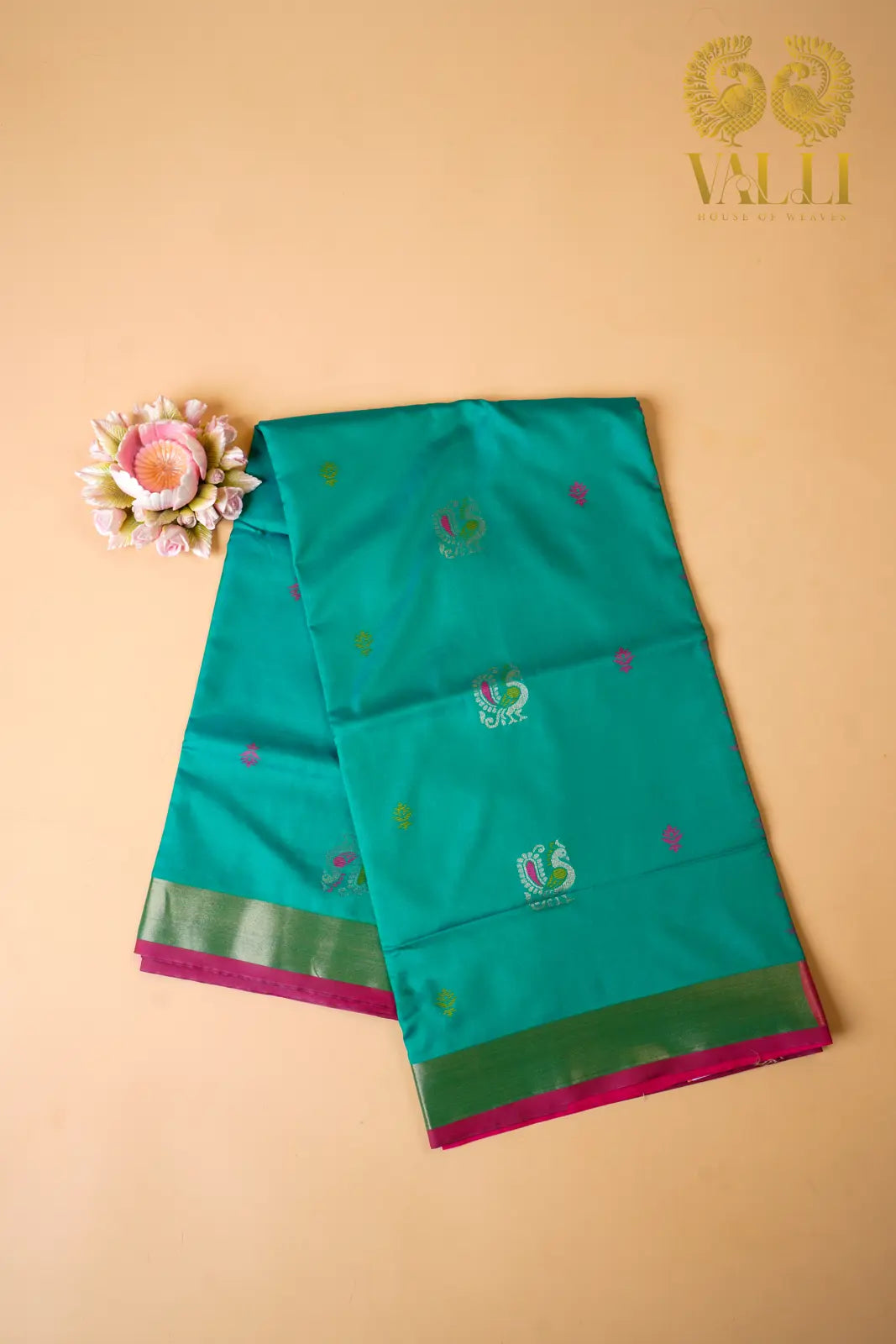 Peacock motif soft silk Teal green Semi Silk Saree with Rich Jacquard Pallu