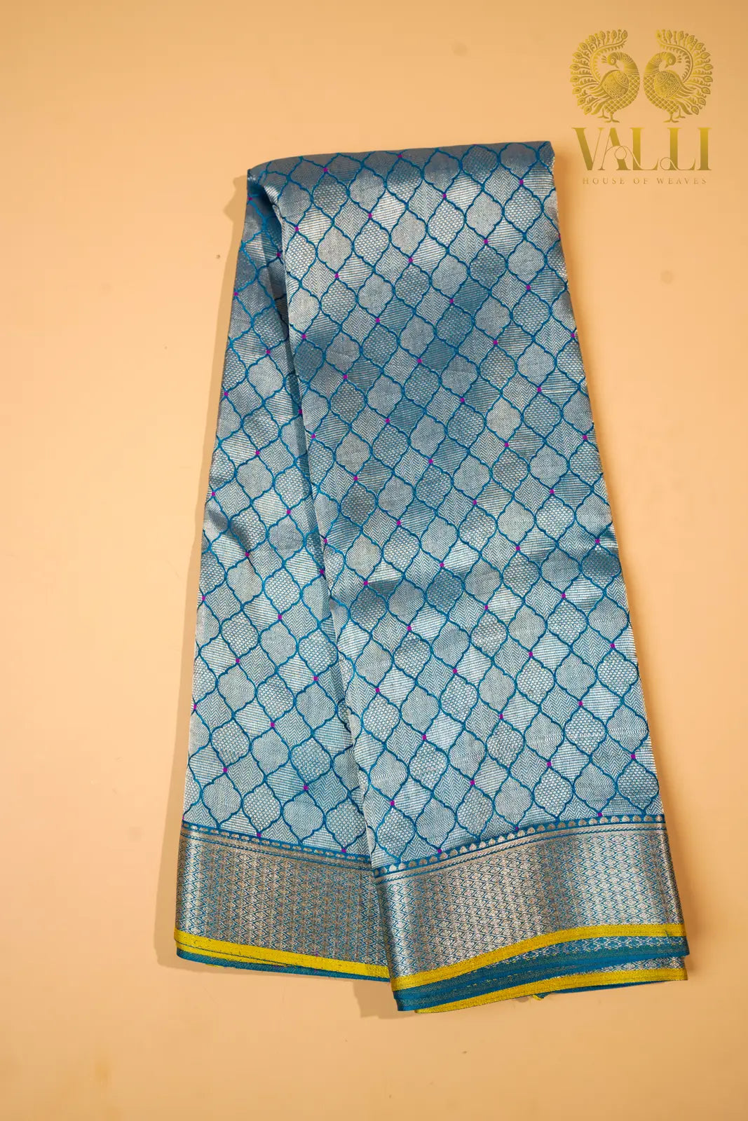 Teal Blue Banarasi Crepe Silk Saree with Yellow Selvage