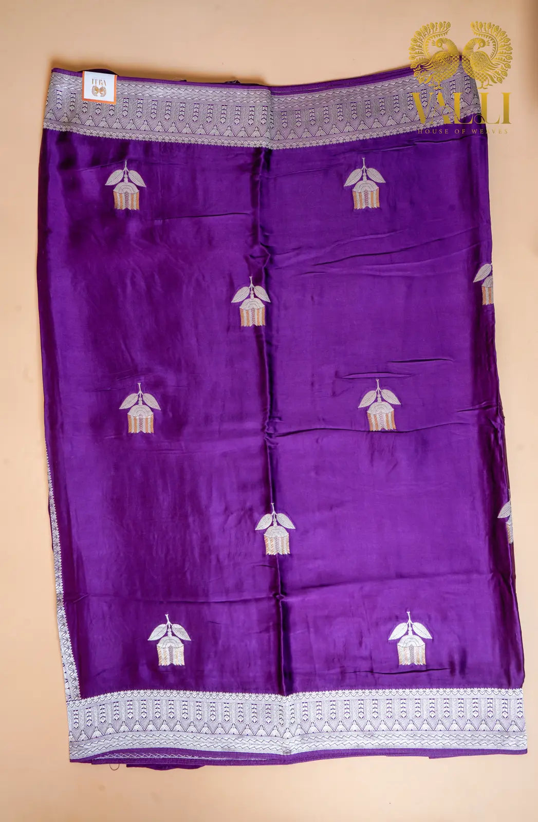 Satin Banarasi Saree – Rich Purple with Zari Flower Motif & Heavy Brocade Pallu