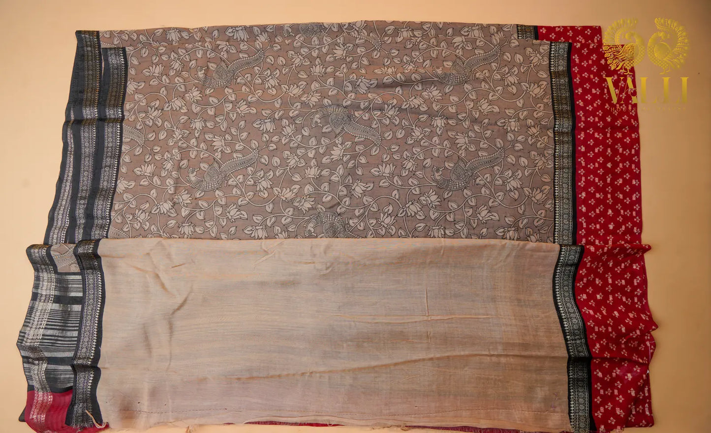 Kalamkari cotton grey+red