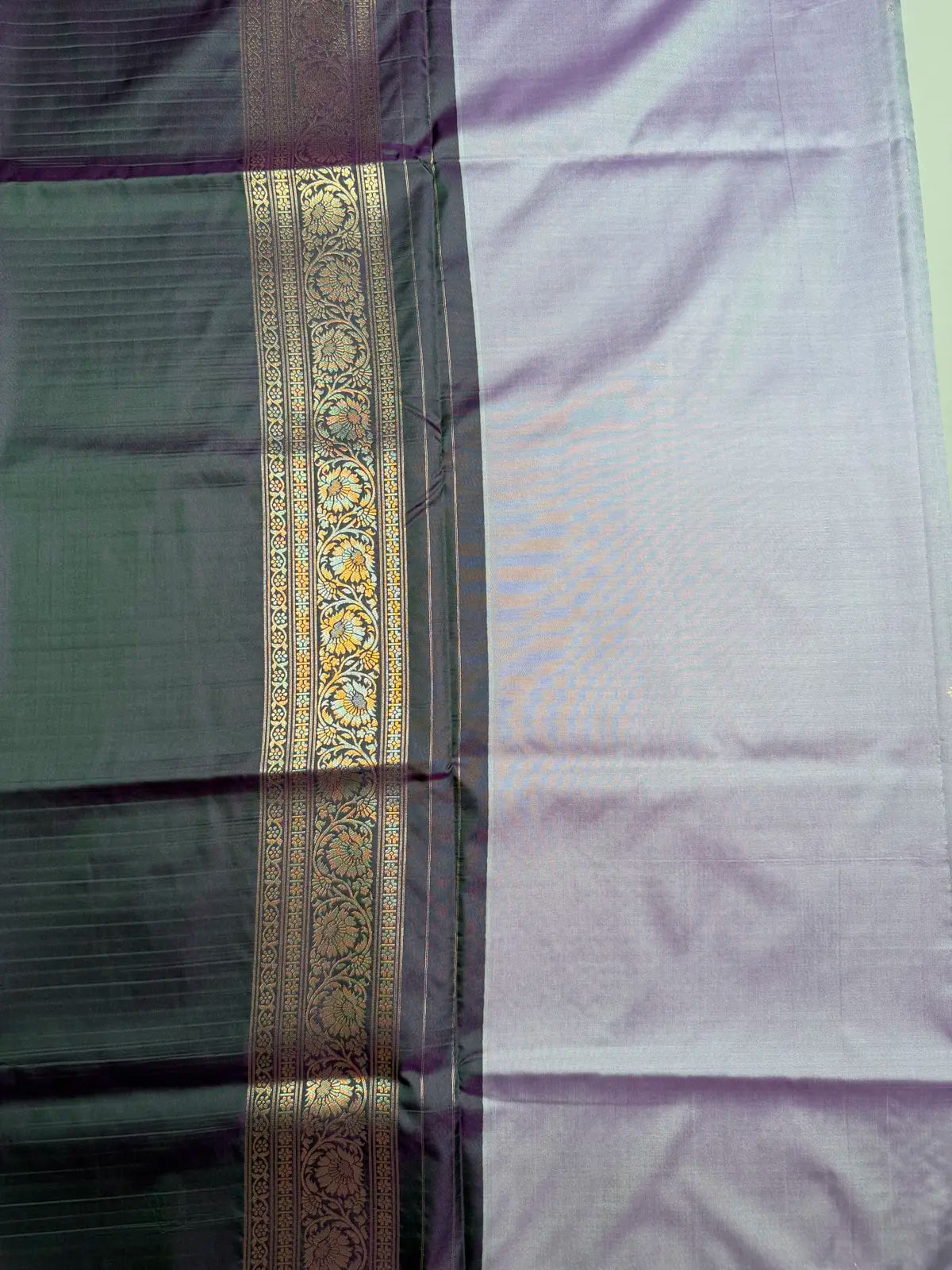 Light Grey Kanchipuram Soft Silk Saree with Contrast Green Border