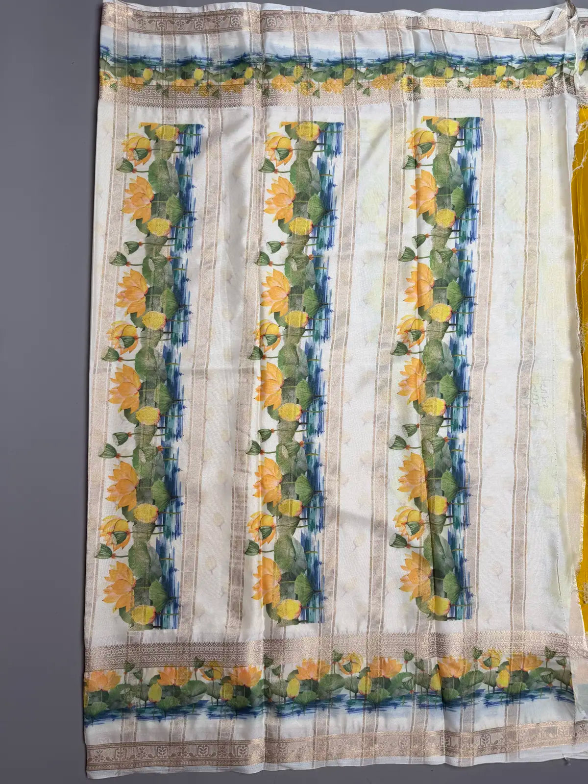 Mustard Yellow Semi Crepe Silk Saree with Lotus digital Print