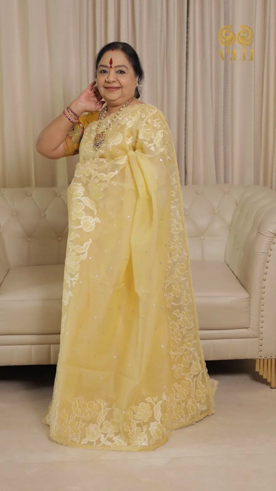 Soft Yellow Embroidered Saree With digital print blouse