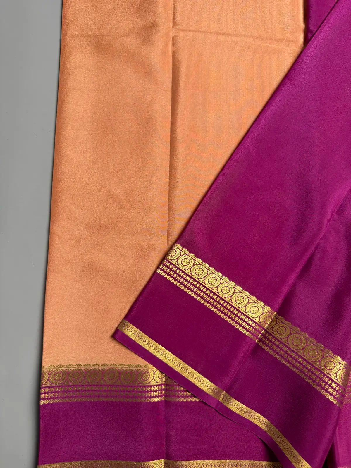 Chiku Mysore Crepe Silk Saree with Purple Contrast