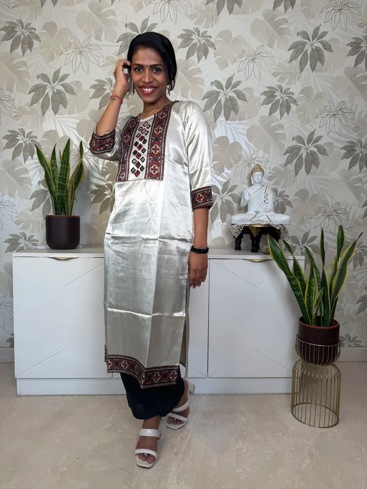 White Satin Kurti with Ajrakh Patchwork and Mirror Detailing