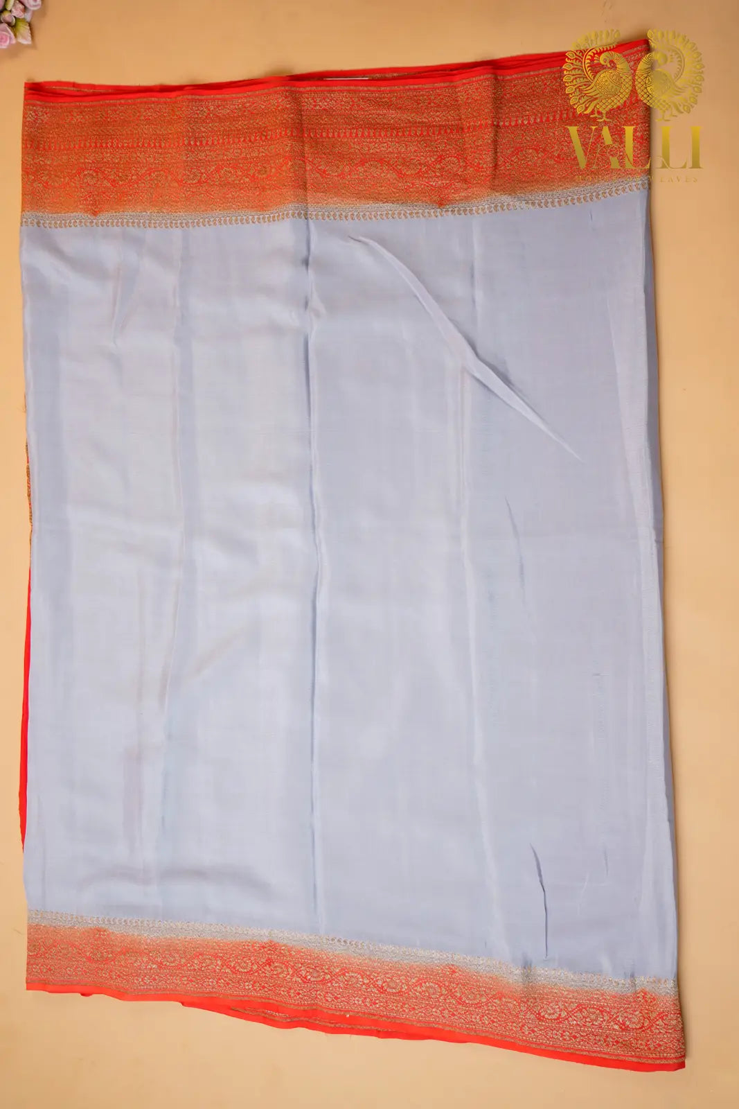 Grey Pure Georgette Banarasi Saree with Antique Zari Border & Red Brocade Blouse
