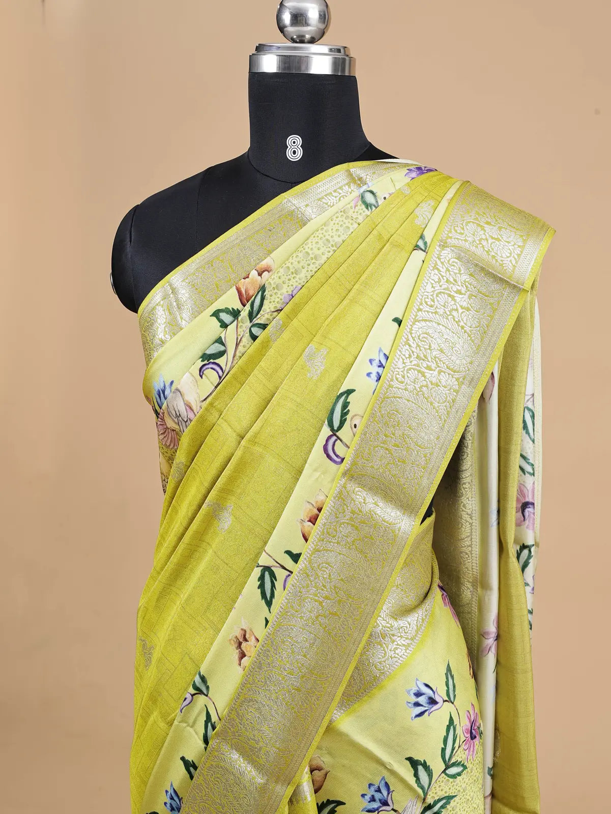 Semi Crepe Silk Saree with Digital Print & Gold Stripe Pallu - Kamakshi Crepe