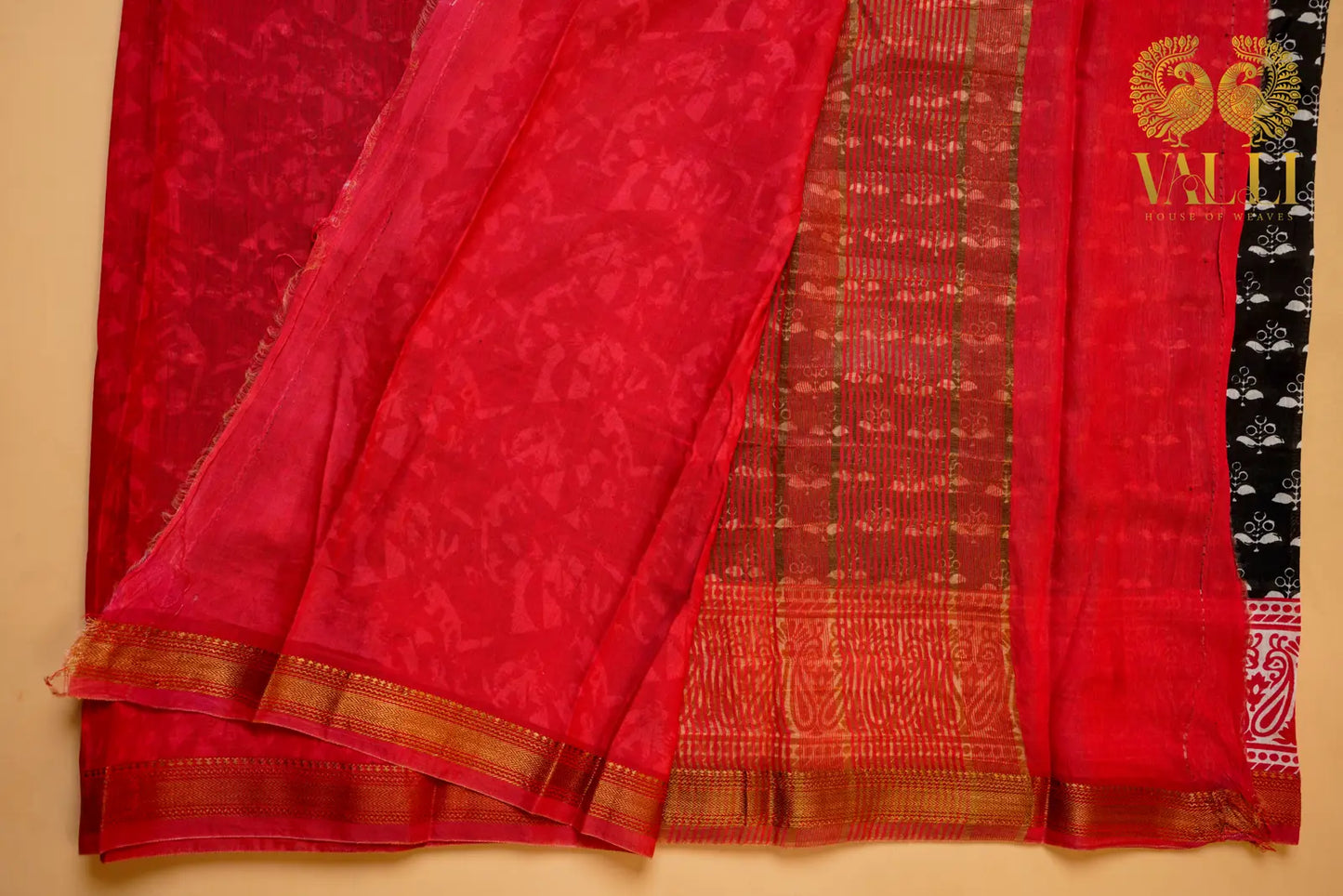 Black Block Print Viscose Cotton Saree with Contrast Red Border