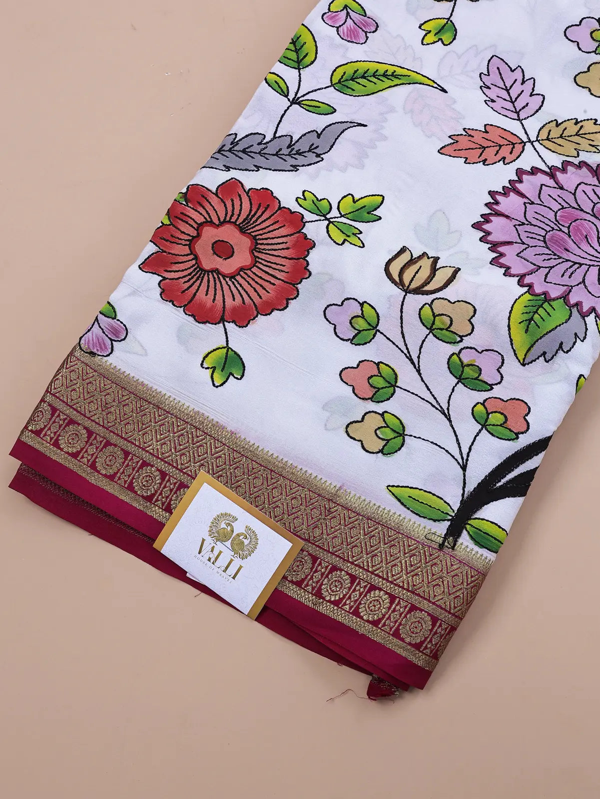 Pure Crepe Silk Saree – Rani Pink with Kantha Hand-Painted Work