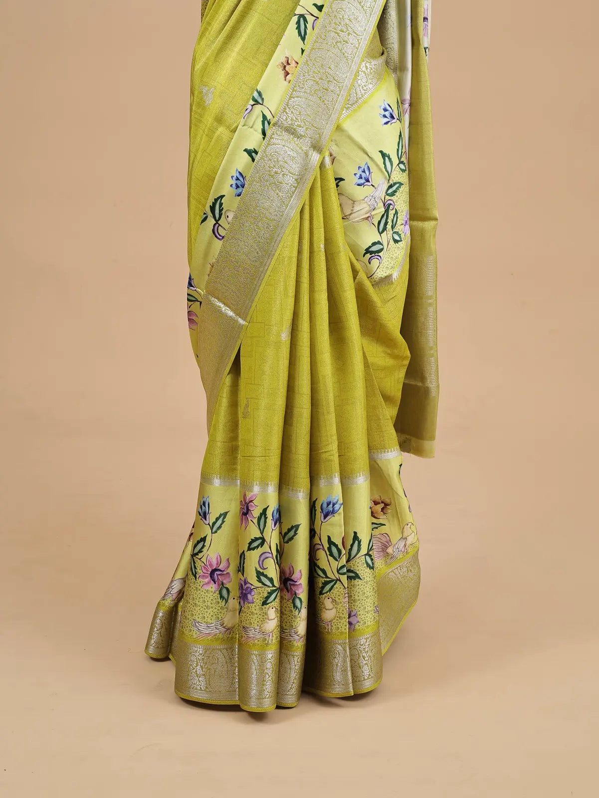 Semi Crepe Silk Saree with Digital Print & Gold Stripe Pallu - Kamakshi Crepe
