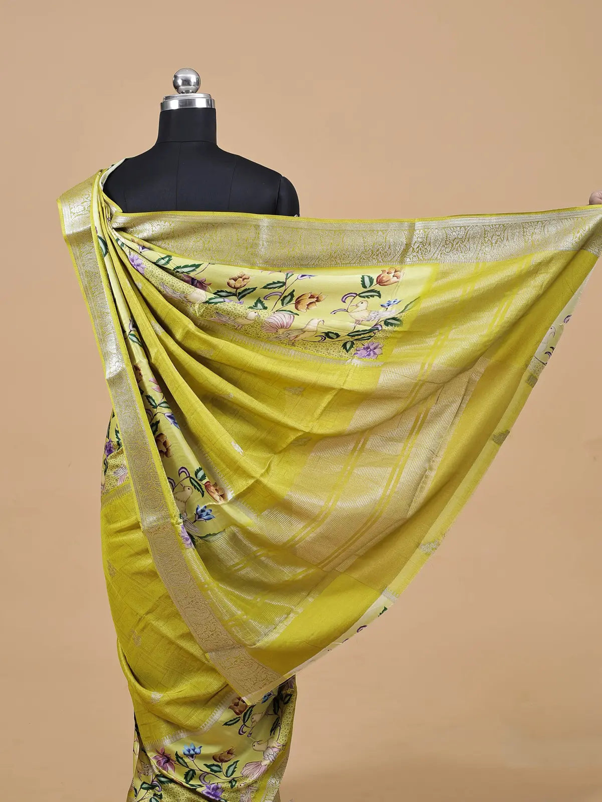 Semi Crepe Silk Saree with Digital Print & Gold Stripe Pallu - Kamakshi Crepe