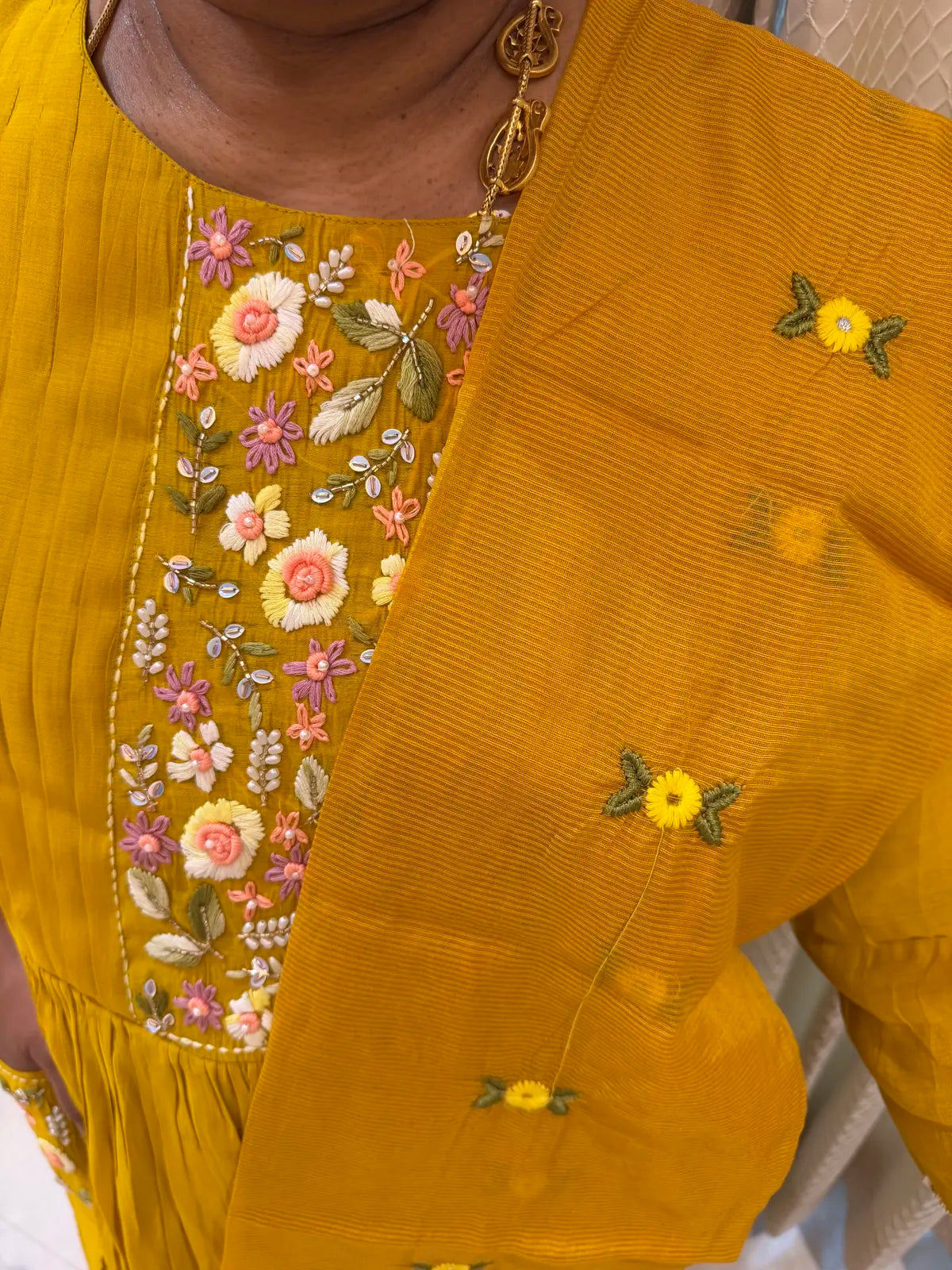mustard yellow salwar set with pocket and Kota dupatta A Line