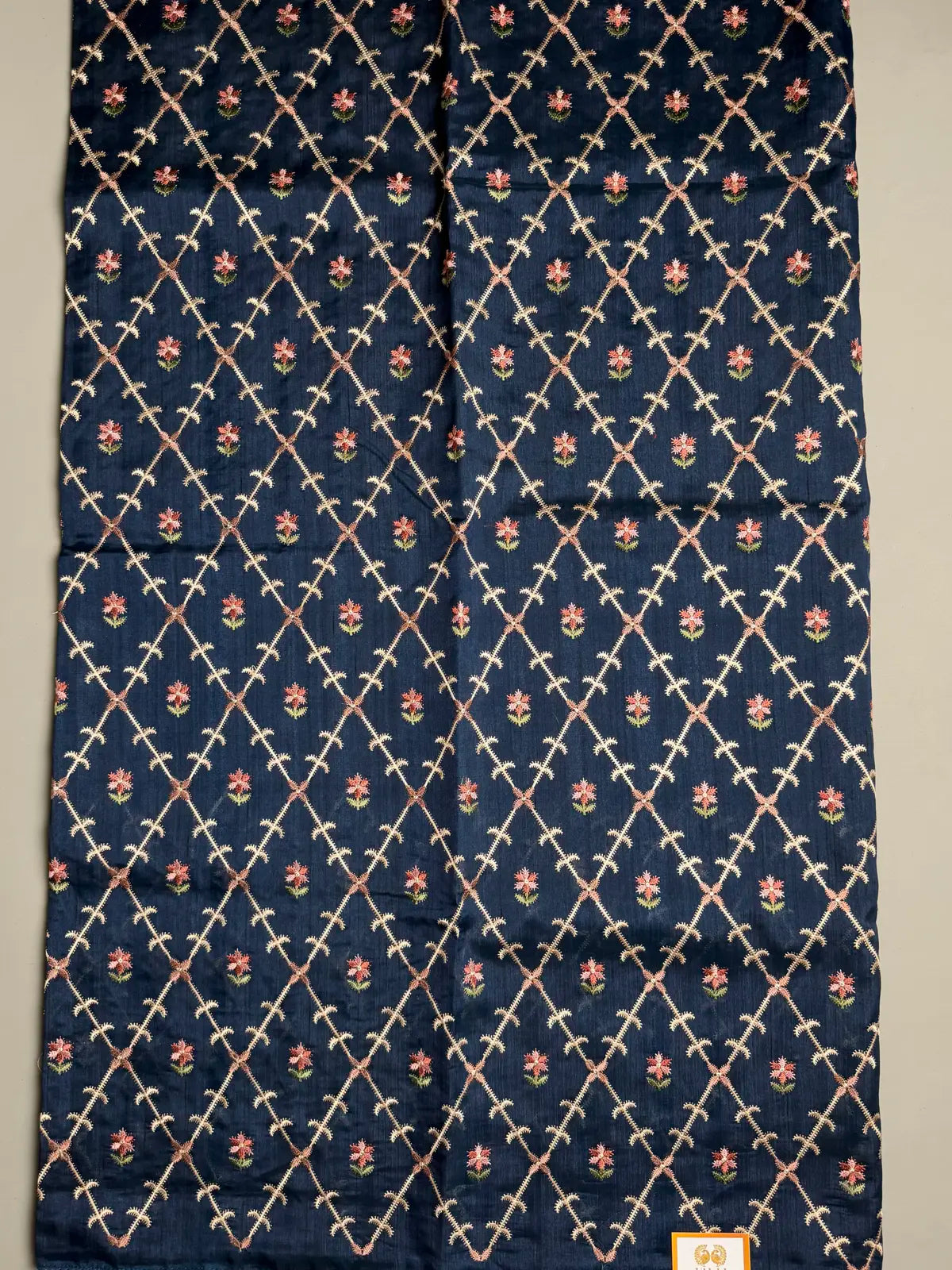 Midnight Blue Matka Silk Saree with Geometric Embroidery