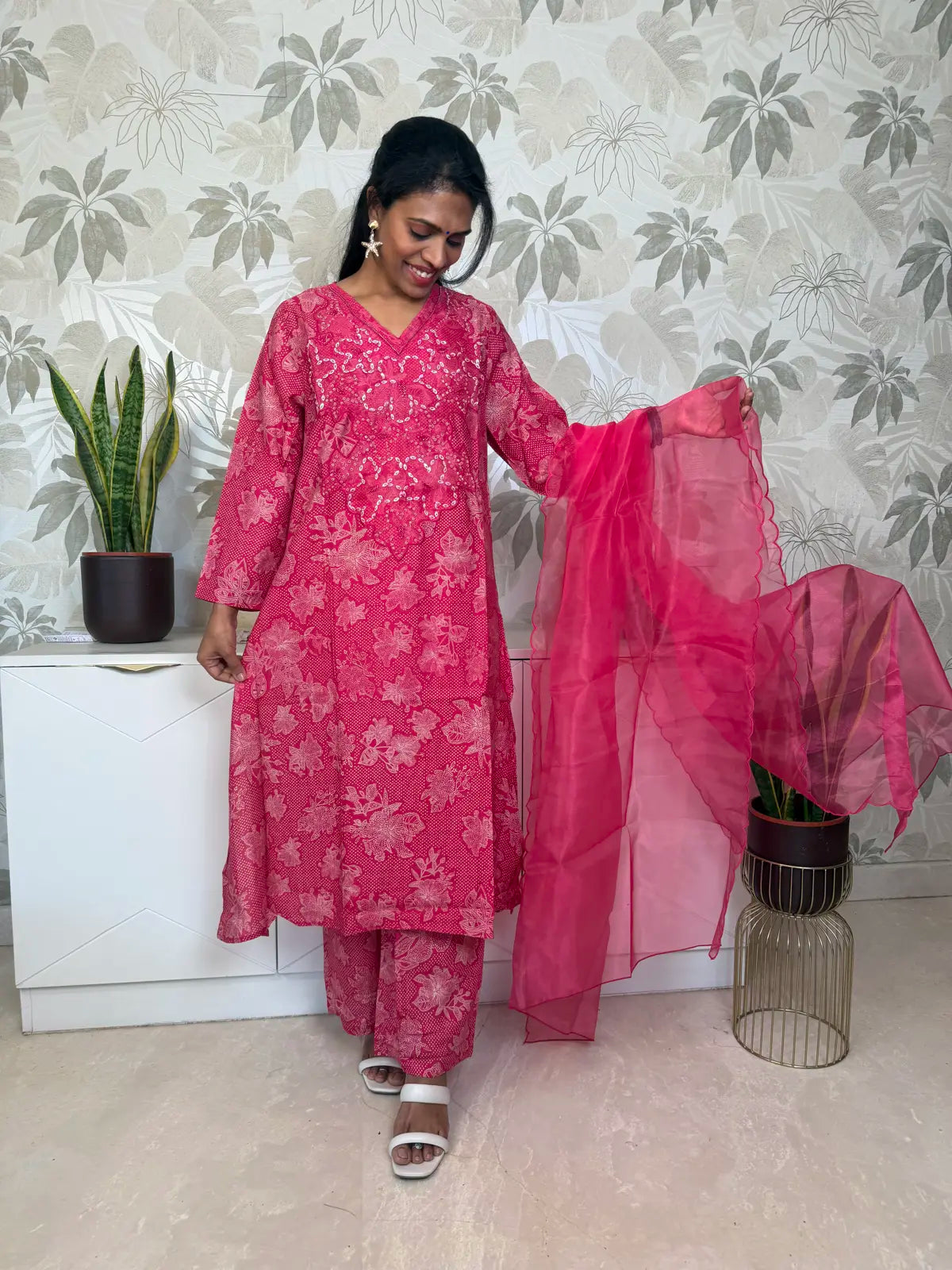 Pink Muslin Cotton Salwar Set with Appliqué Neck Work