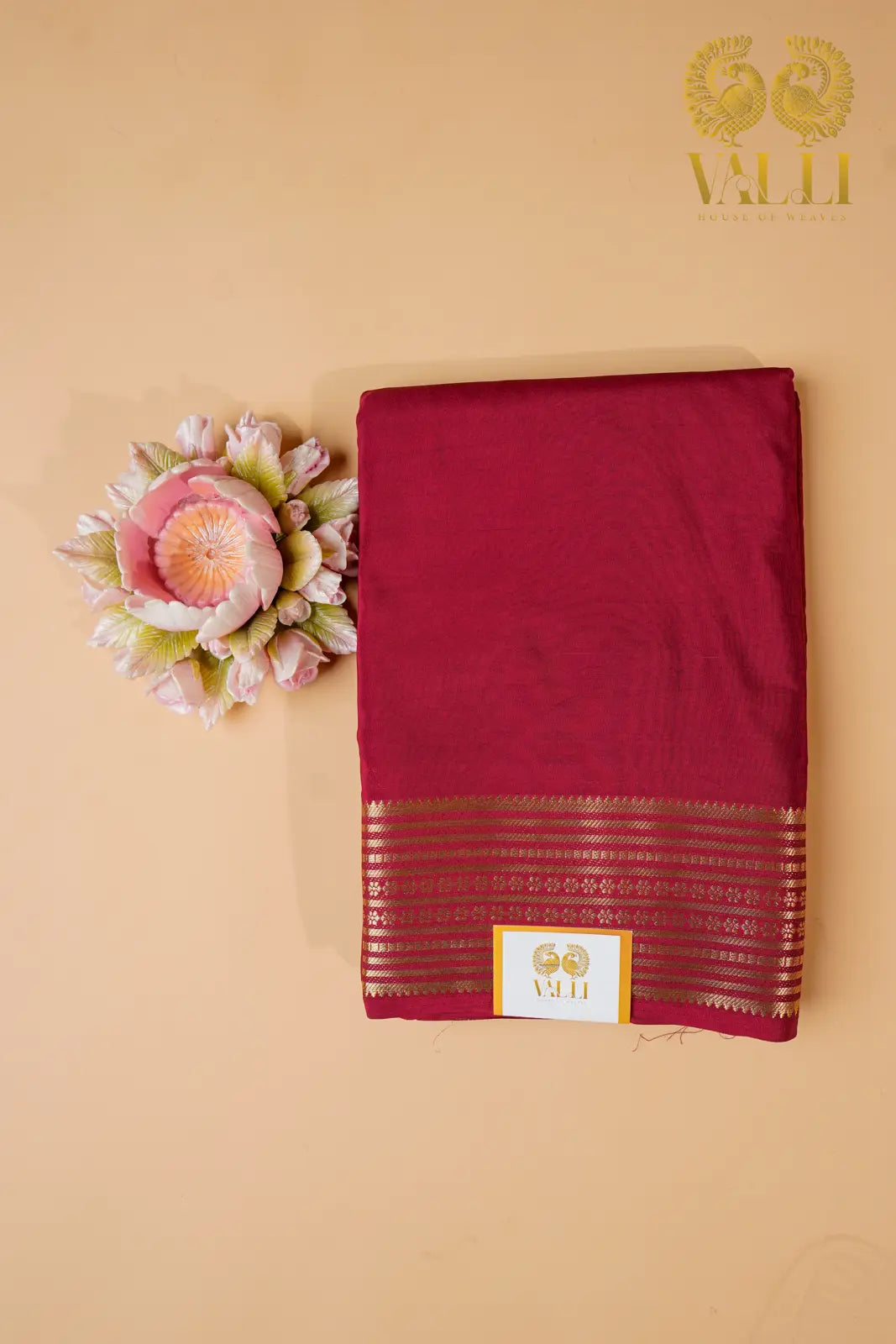Crimson Red Semi Crepe Silk Saree with potli Zari Border