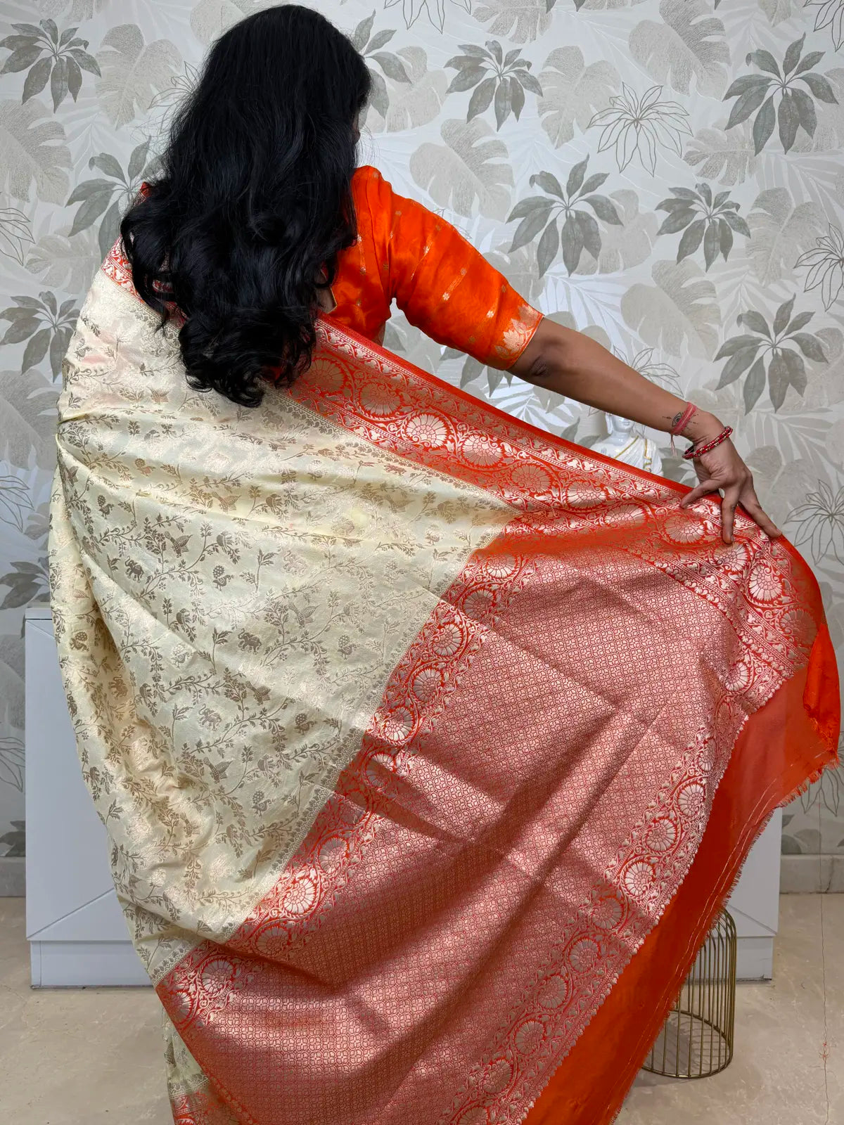 Semi Banarasi Saree in Pastel Yellow with Orange Pallu