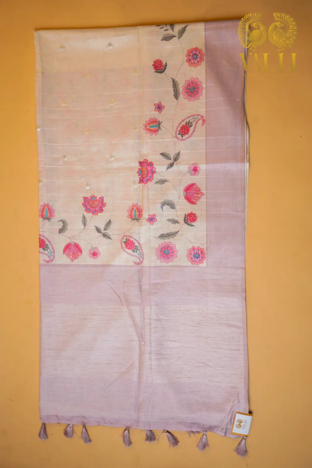 Ivory & Pastel Pink Tussar Silk Saree with Floral Digital Print & Zari Border