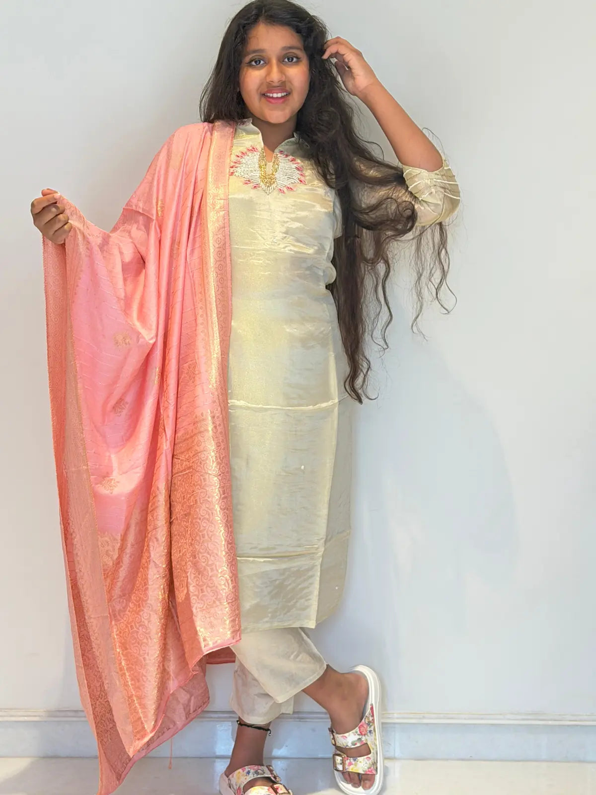 Tissue ivory salwar set baby pink dupatta