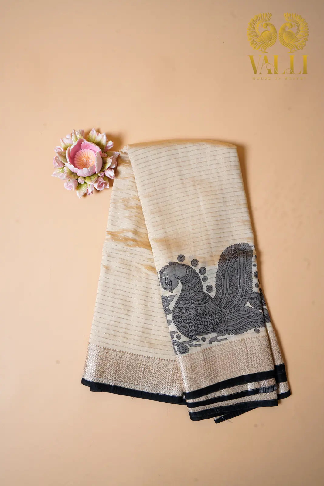Peacock Edit Viscose Cotton Saree with Gold Zari Stripes