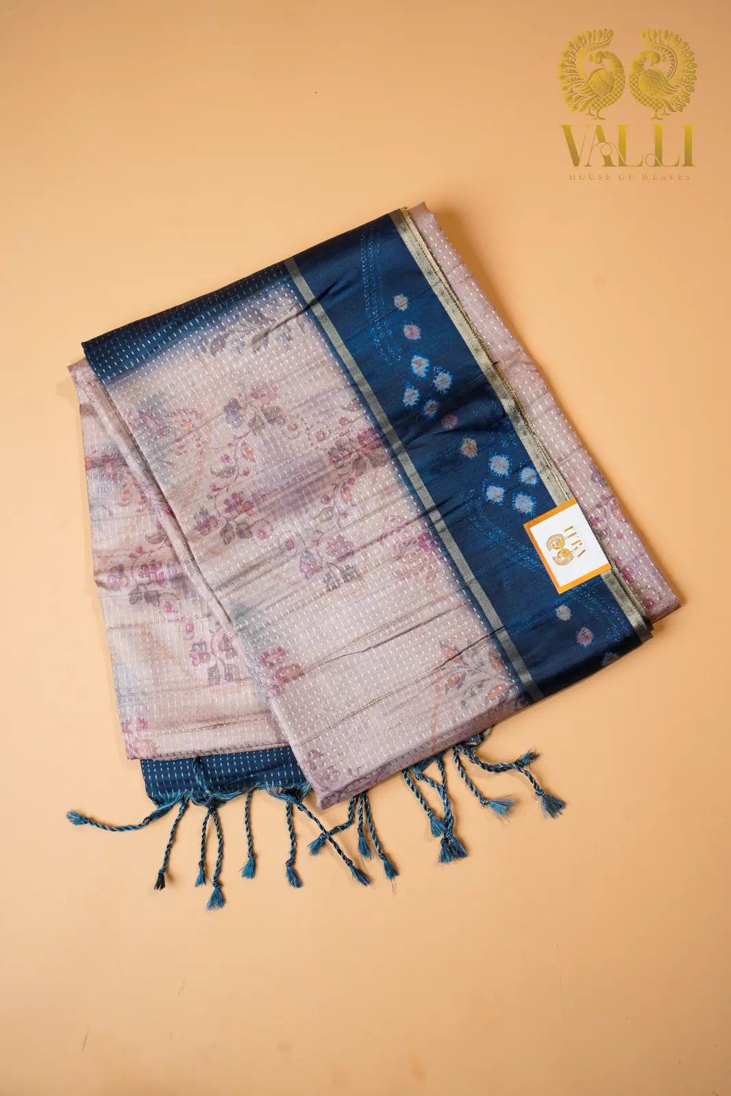 Eco print tussar saree beige +Teal blue