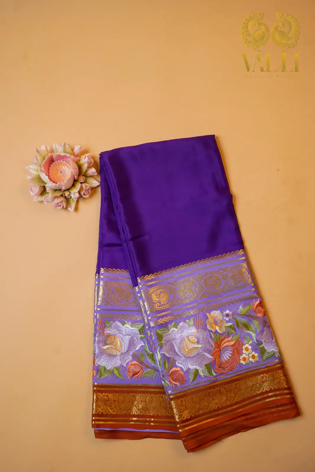 Pure Mysore Crepe Silk Saree – Royal Purple with lilac Bentex Embroidery Border