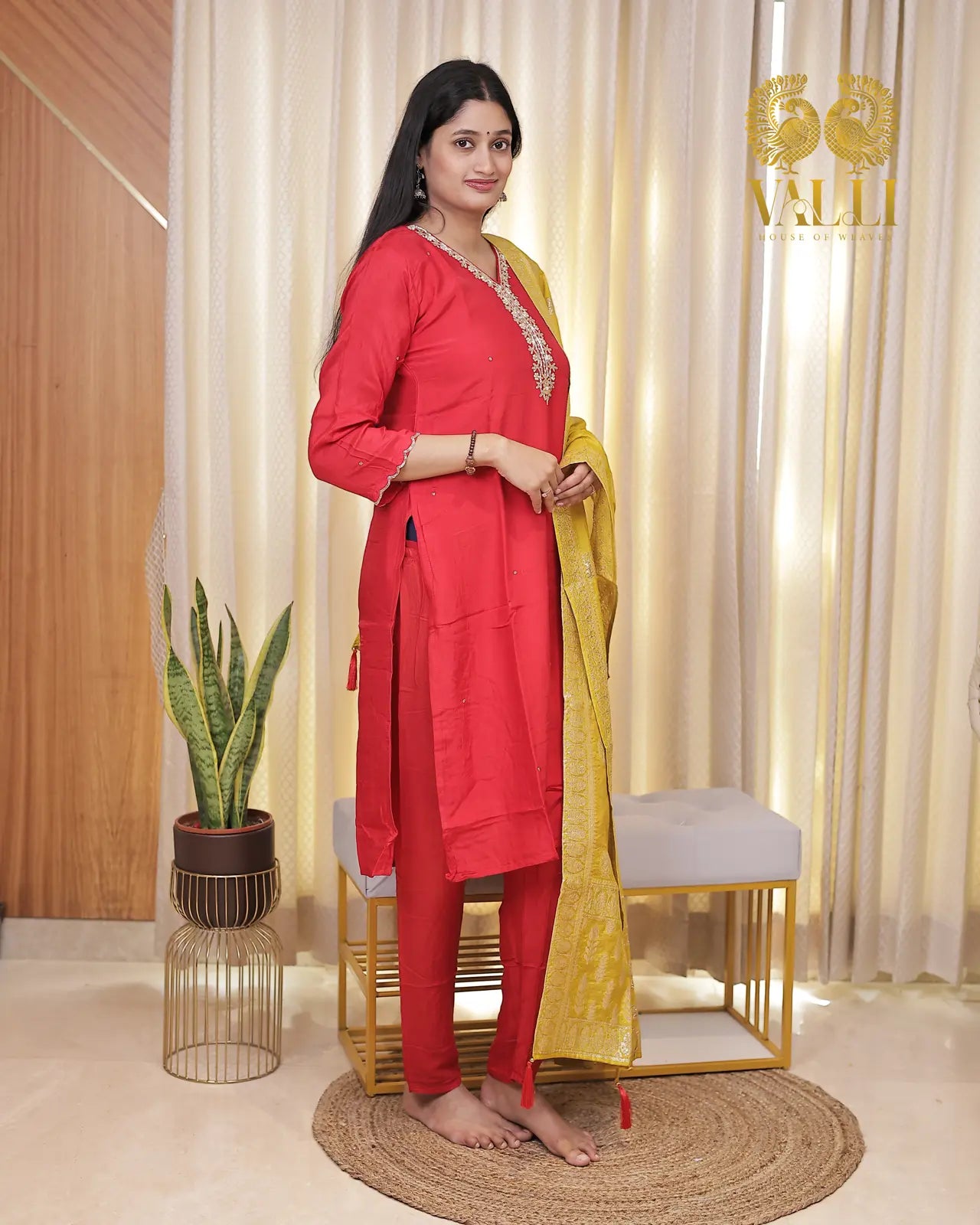 Red Kurtha set with mustard Banarasi duppata straight cut with slit