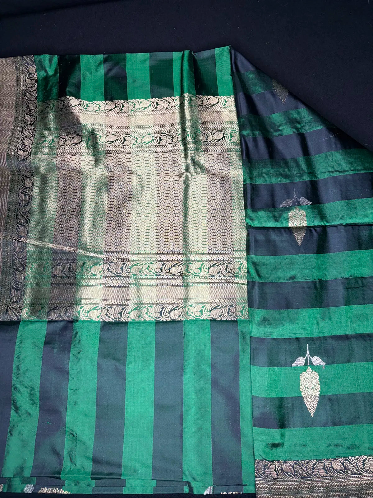 Pure Banarasi black stripes + green
