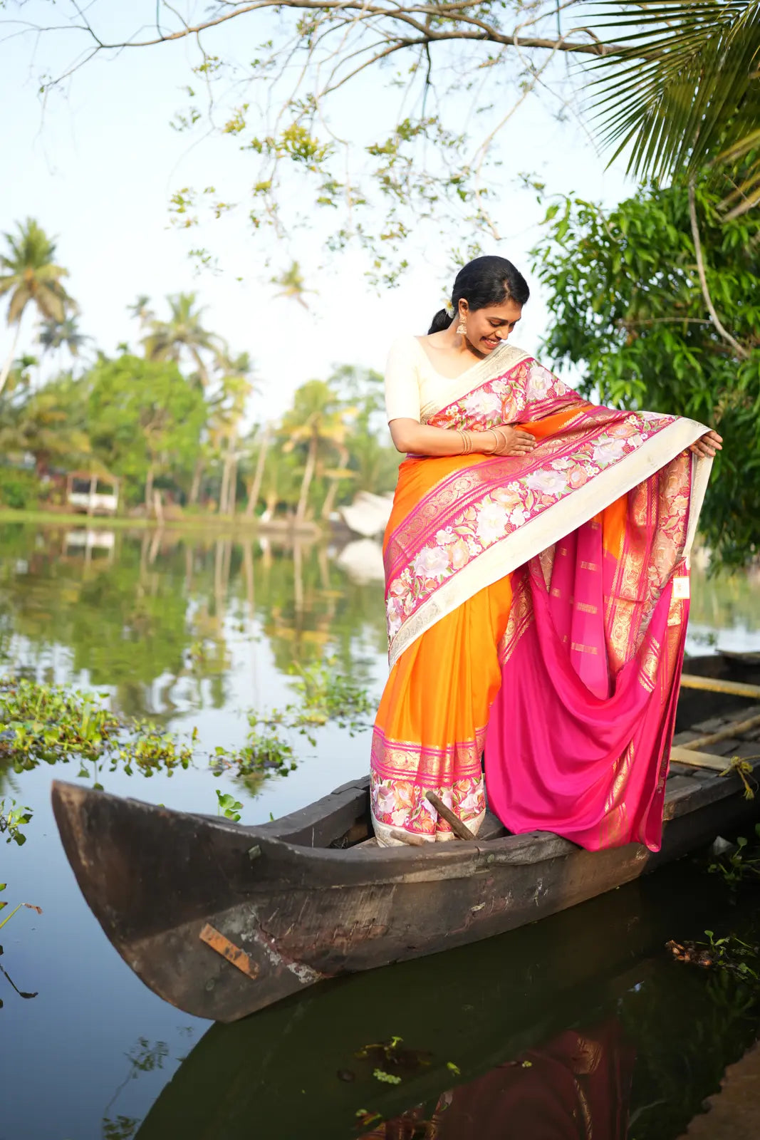 Pure Crepe Mysore Silk Saree with Embroidery & Contrast Pink Pallu