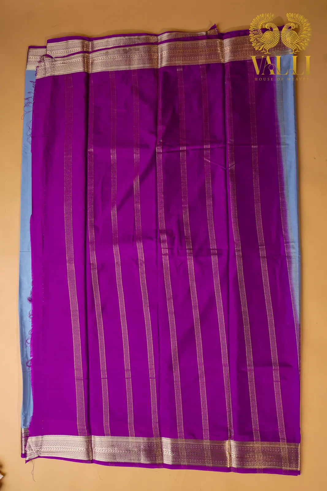 Contrast Border Semi Crepe Silk Saree with Silver Zari Border & Pallu -grey + purple