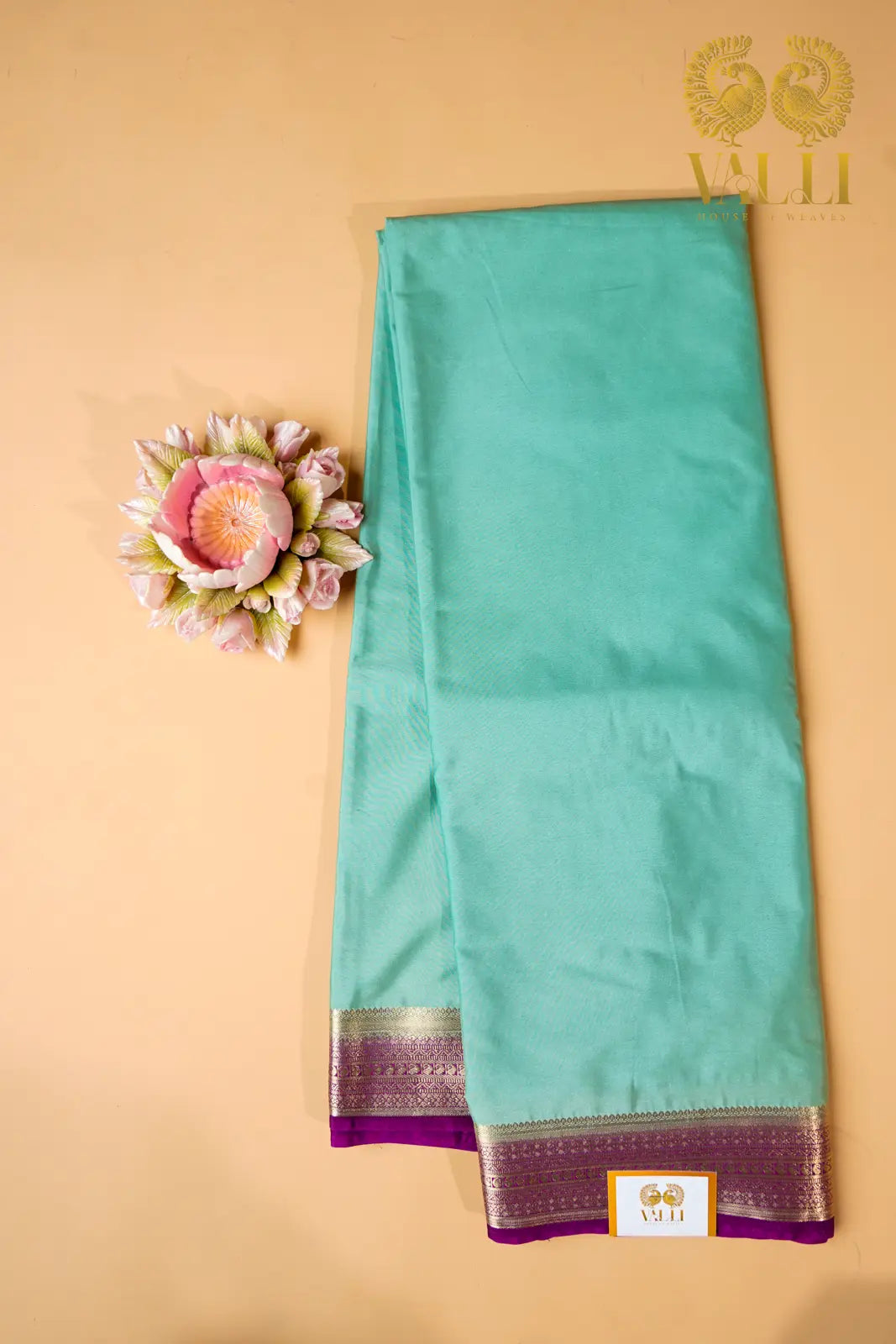 Contrast Border Semi Crepe Silk Saree with Silver Zari Border & Pallu -sea green + purple