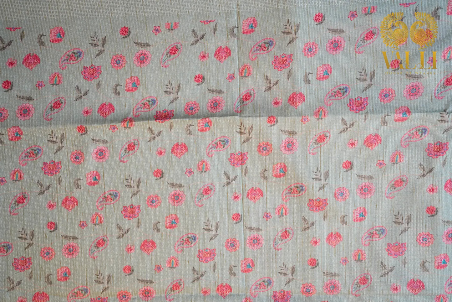 Ivory & Pastel Blue Tussar Silk Saree with Floral Digital Print & Zari Border