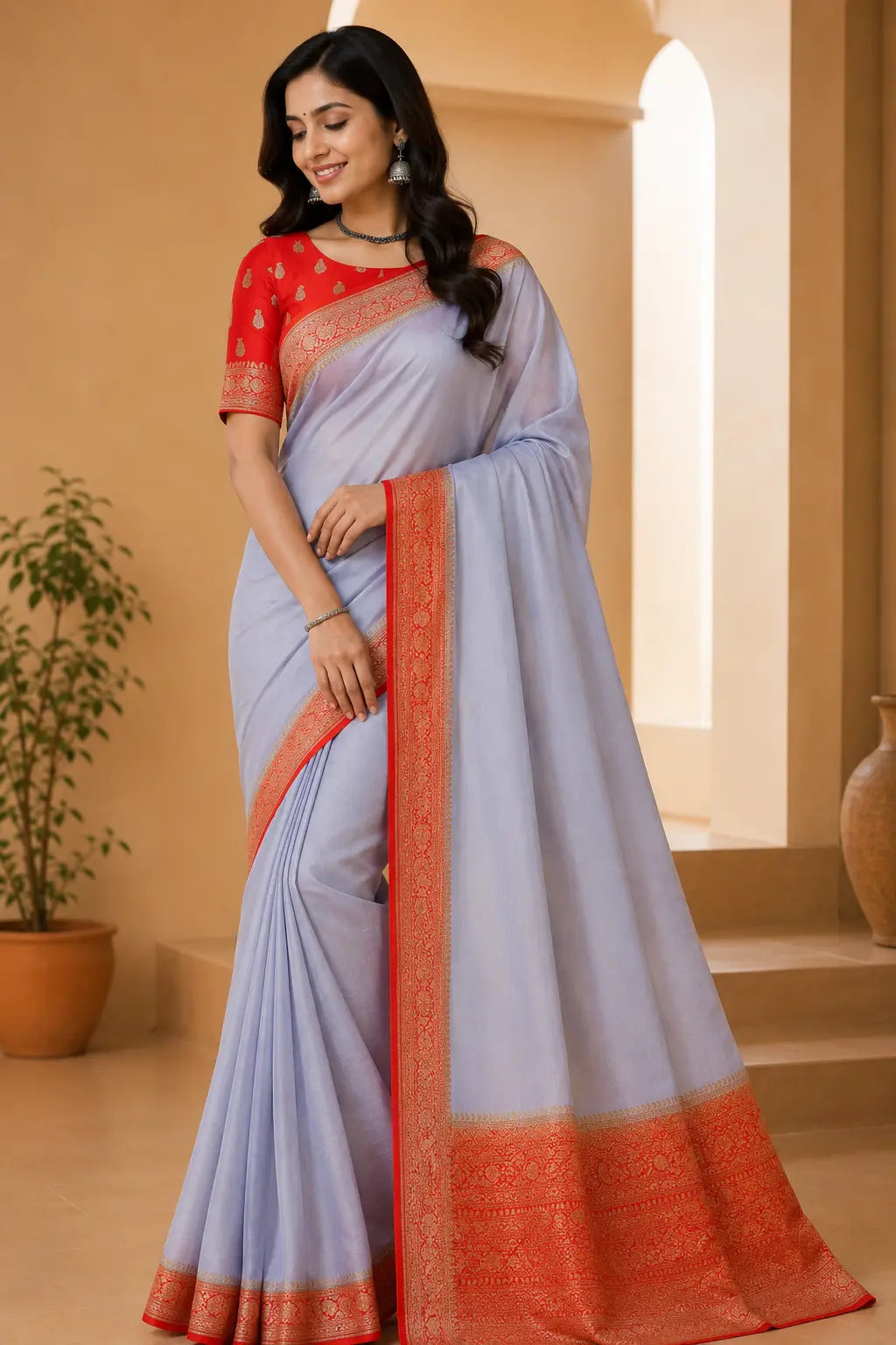 Grey Pure Georgette Banarasi Saree with Antique Zari Border & Red Brocade Blouse
