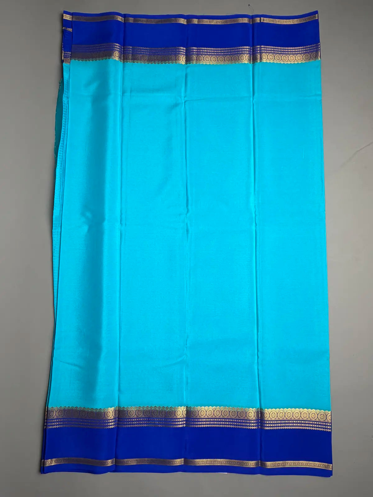 Sky Blue pure Mysore Crepe Silk Saree with Royal Blue Contrast
