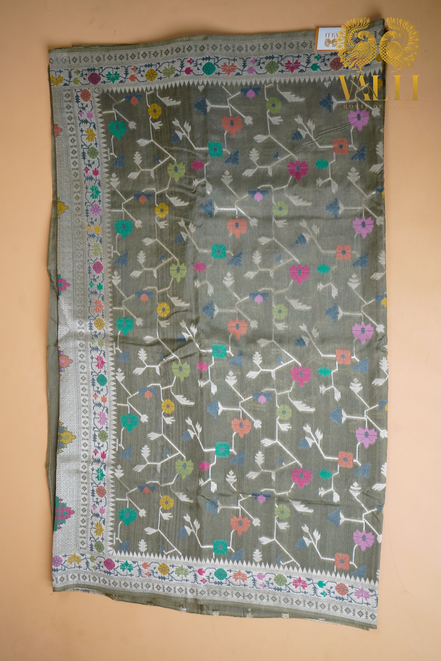 Grey tussar georgette saree with Jaamdani weave