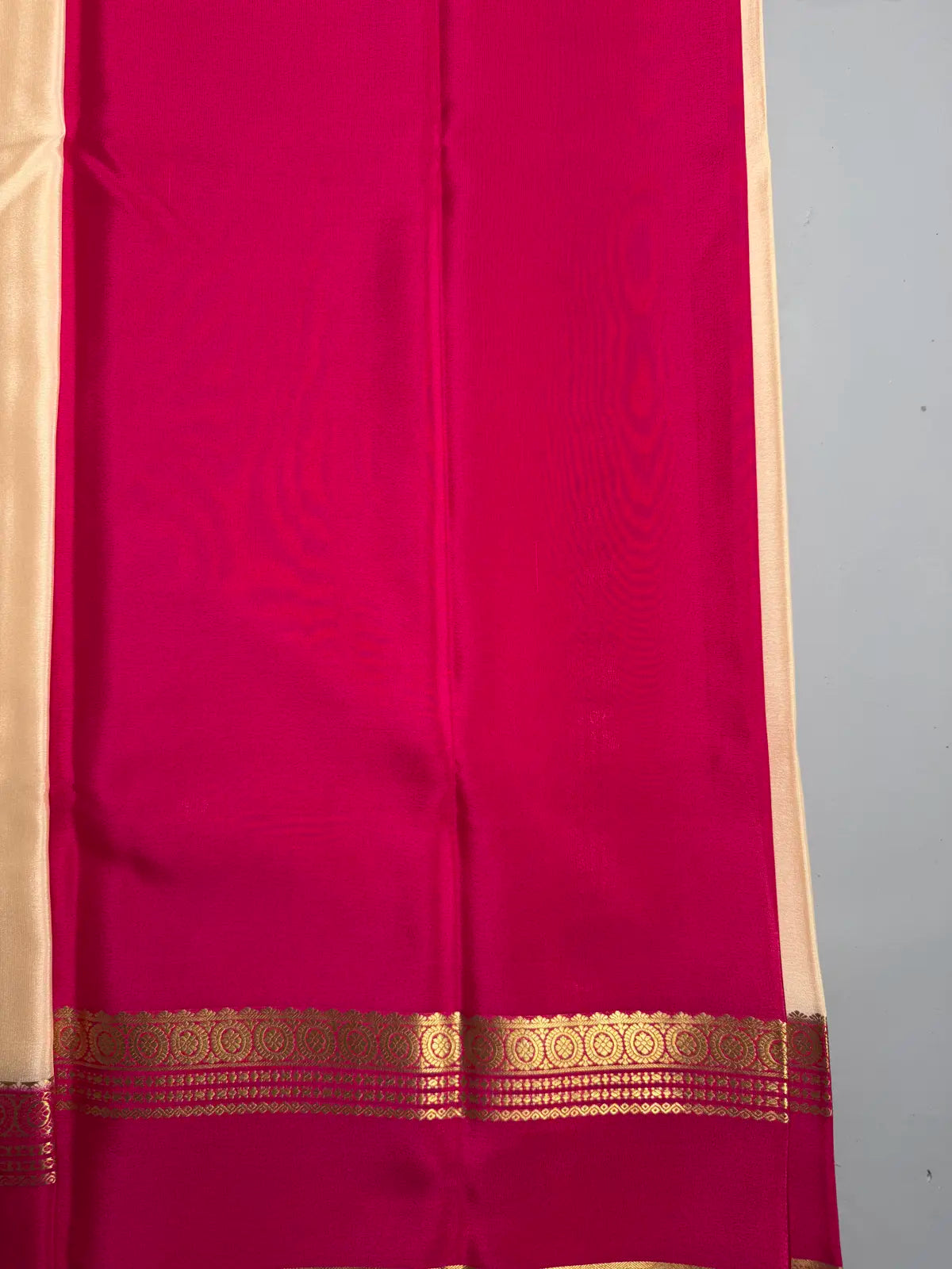 Beige pure Mysore Crepe Silk Saree with Rani Pink Contrast