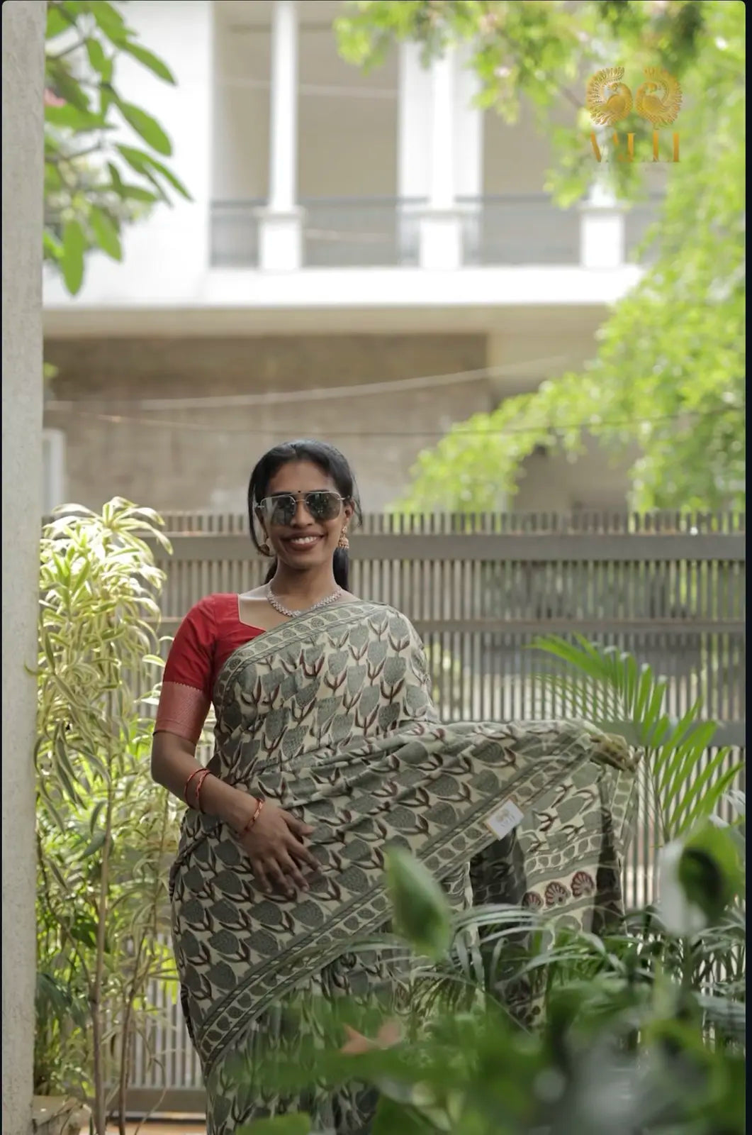 Ajrakh Modal Silk Saree grey flower