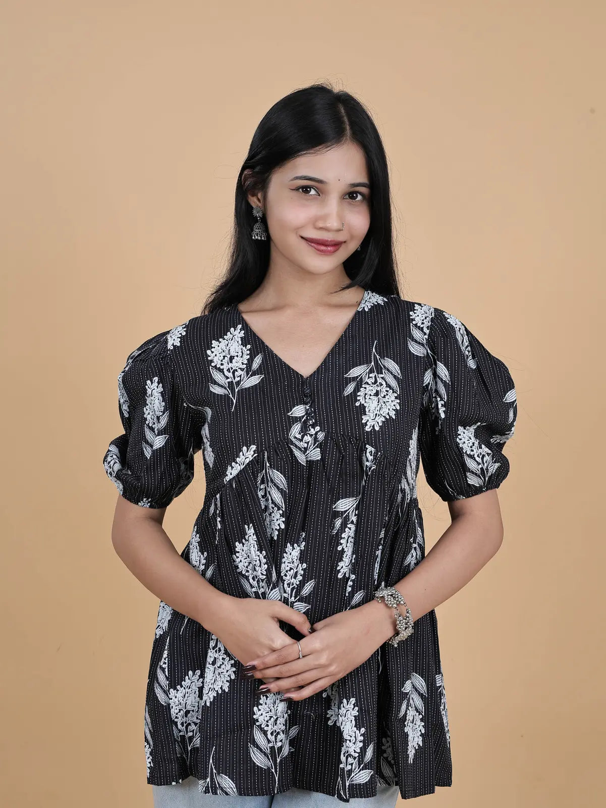 Black Floral Short Top Kurti | Alia Cut | Pure Cotton
