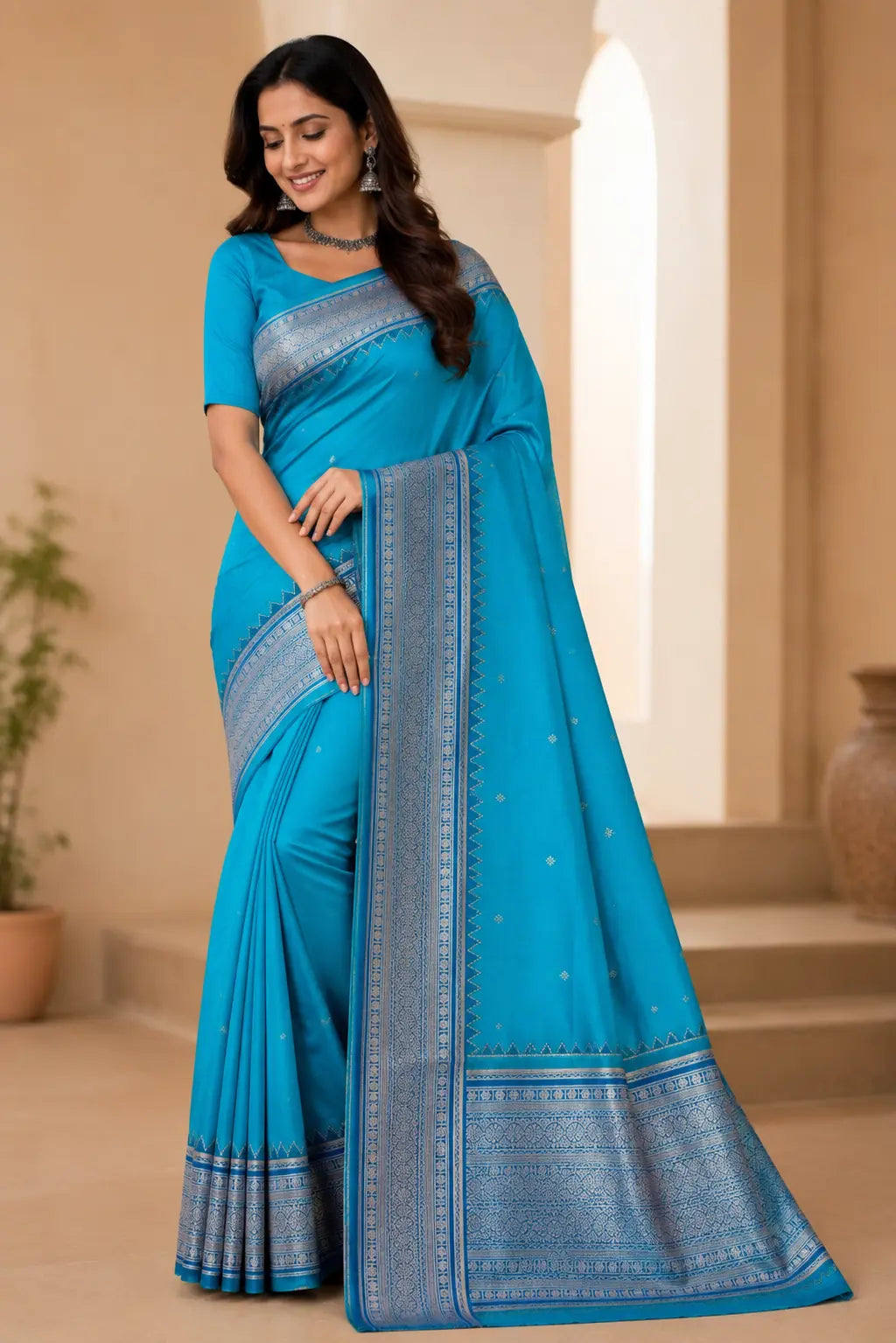Teal Blue Kanchi Soft Silk Saree with Contrast Dark Blue Border