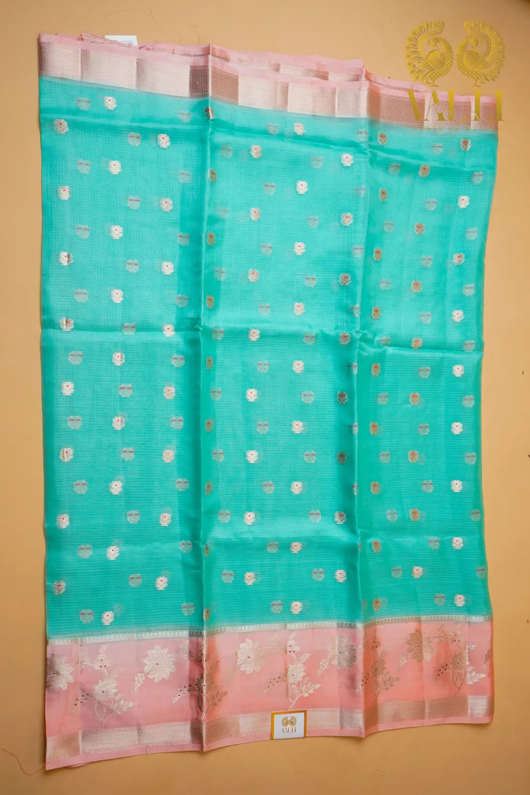 Sea Green Kota Saree with Raw Mango Border & Peach Brocade Blouse