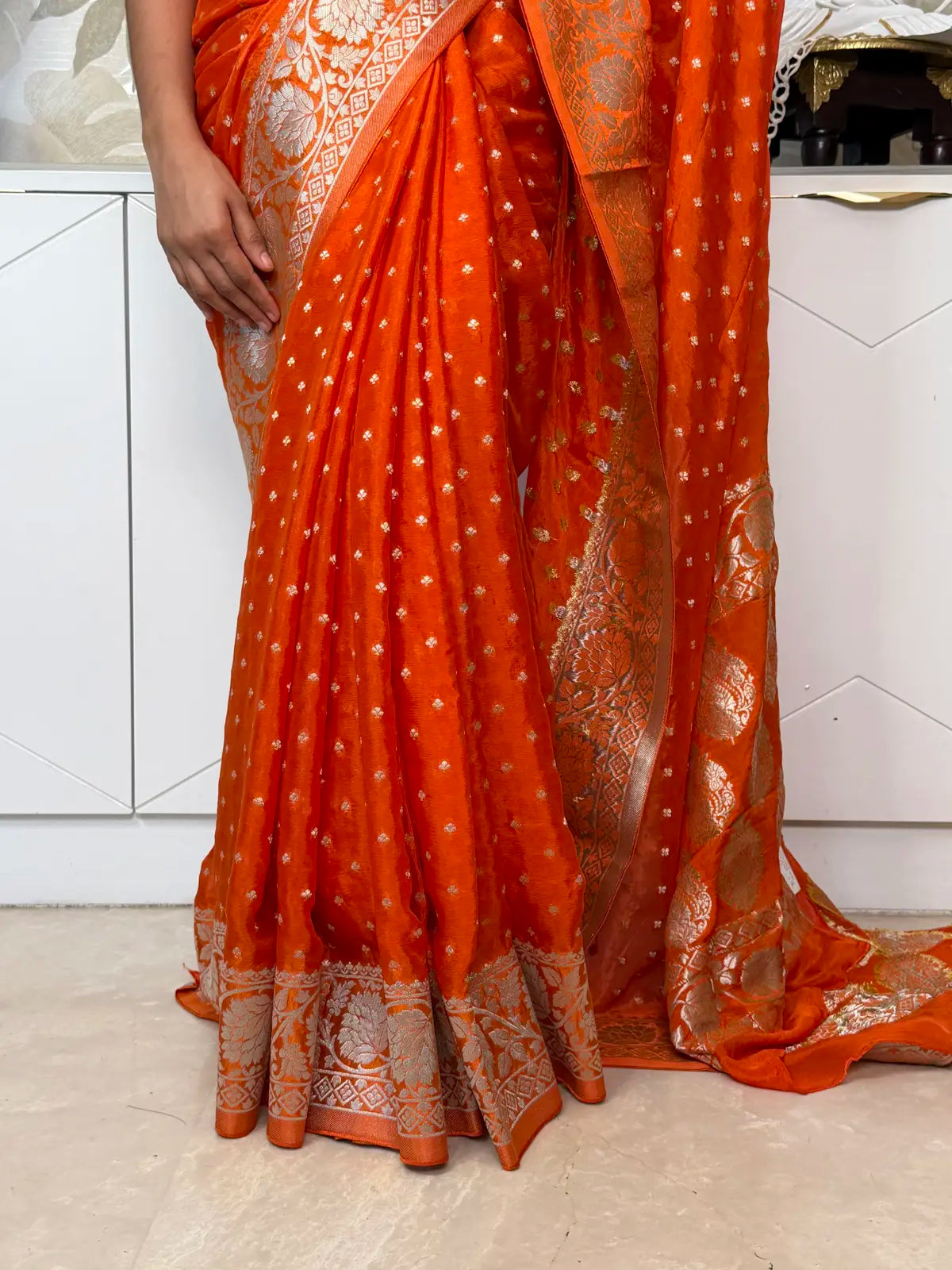 Banarasi Georgette Saree – Vibrant Orange with Silver Zari Motifs