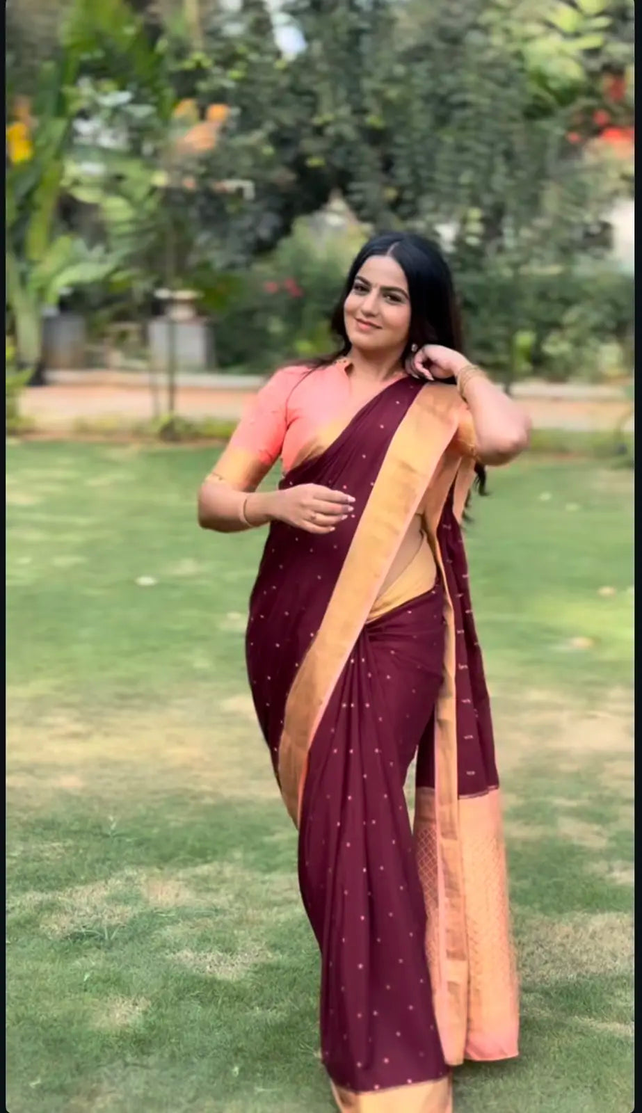 Pure Mysore Crepe Silk Saree Maroon + peach
