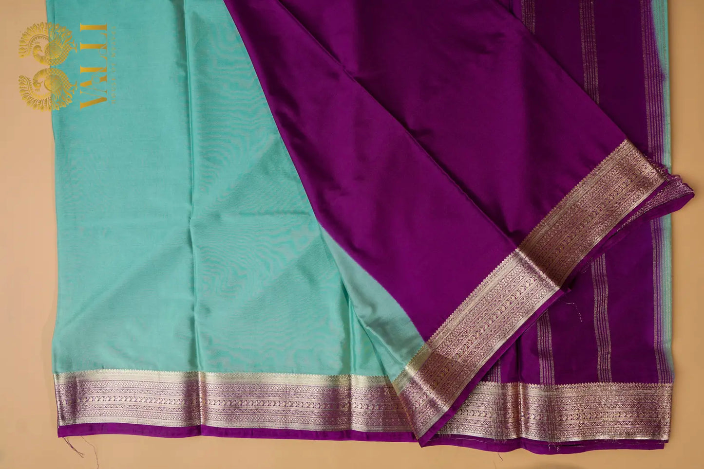 Contrast Border Semi Crepe Silk Saree with Silver Zari Border & Pallu -sea green + purple