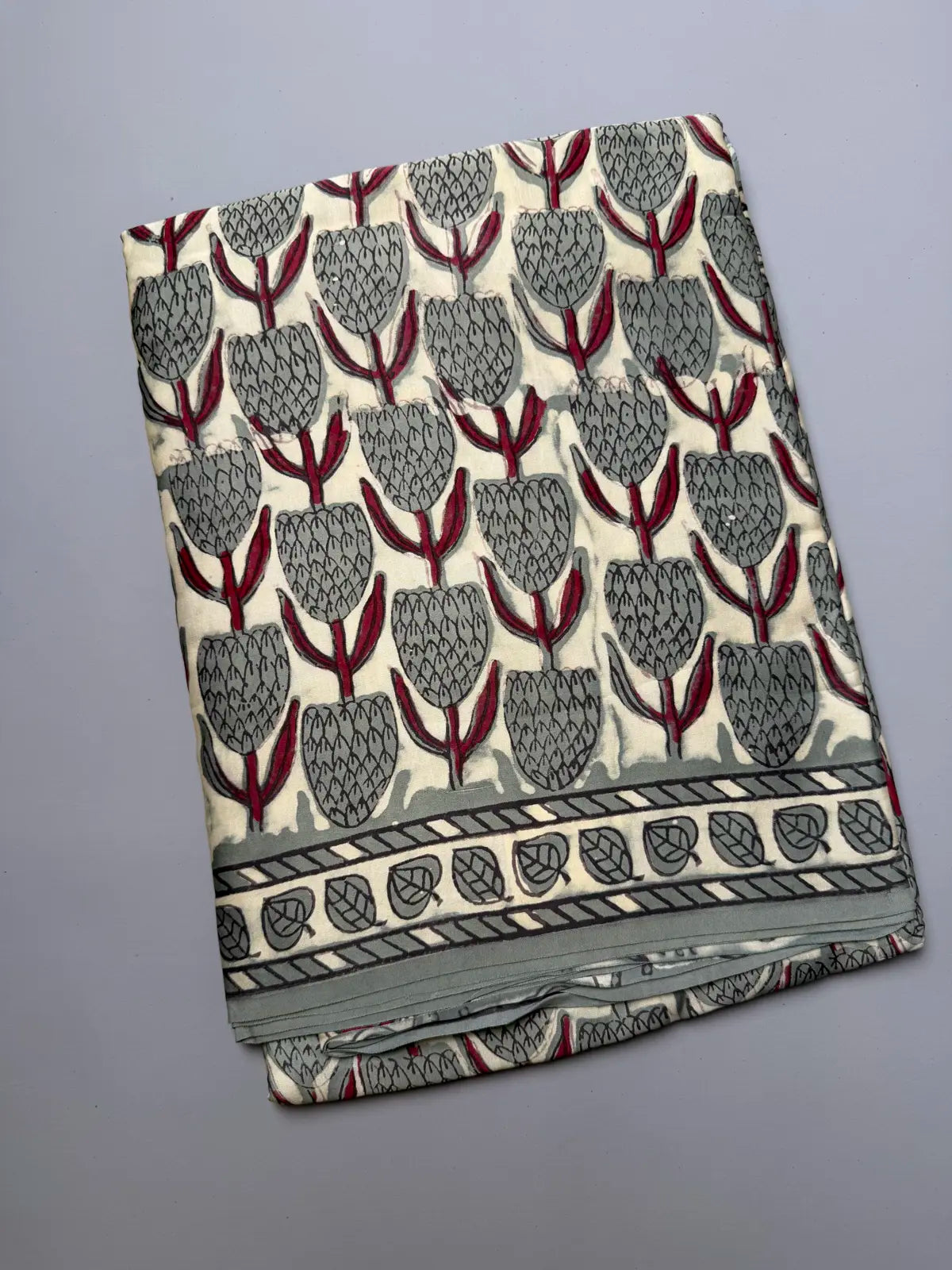 Ajrakh Modal Silk Saree grey flower