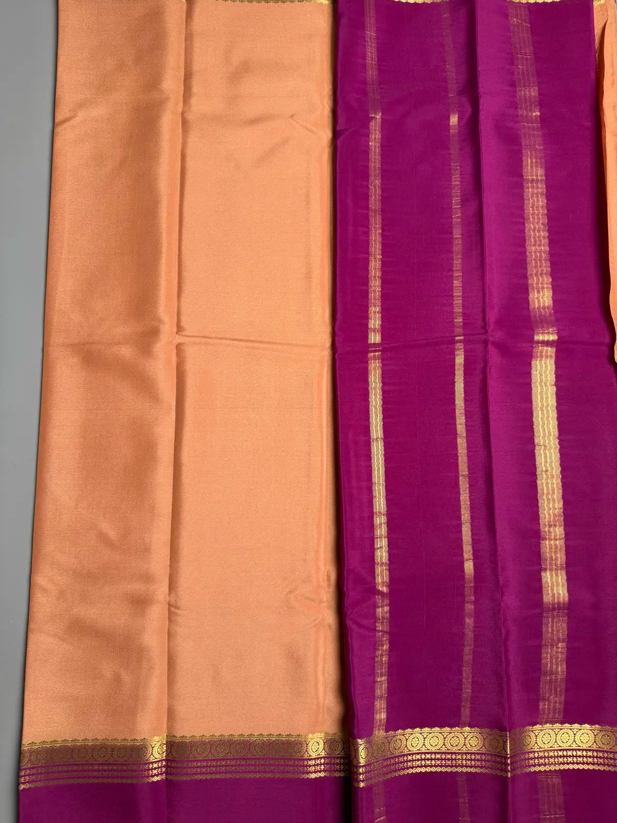 Chiku Mysore Crepe Silk Saree with Purple Contrast
