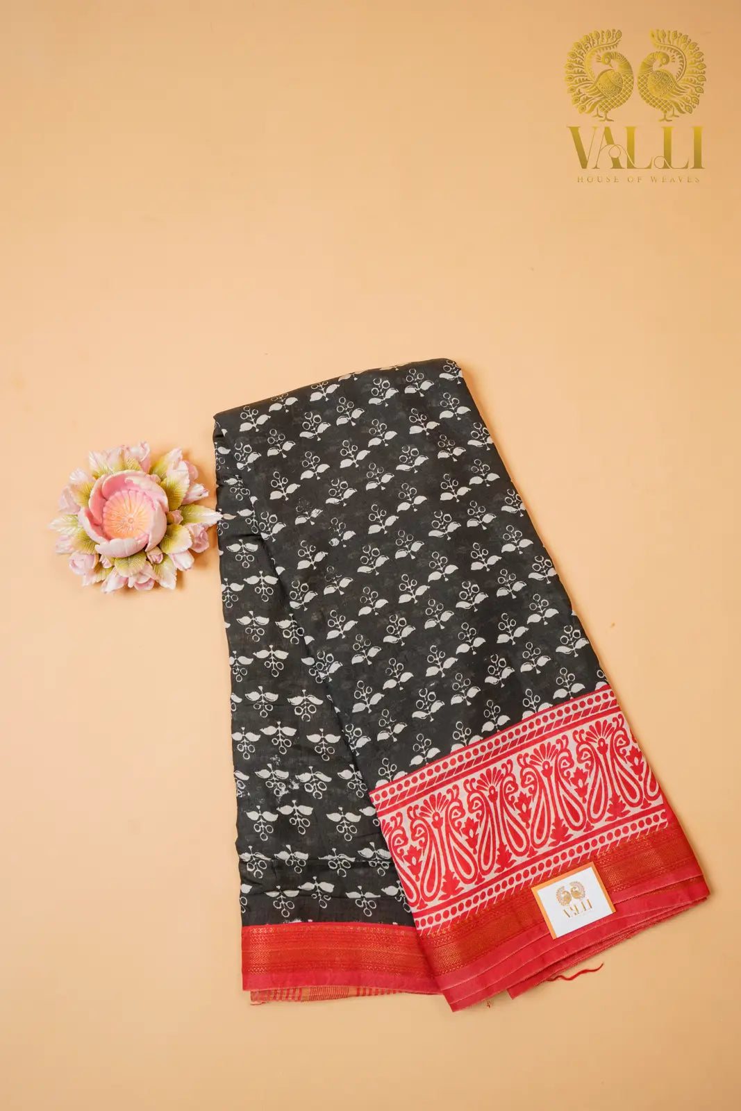 Black Block Print Viscose Cotton Saree with Contrast Red Border