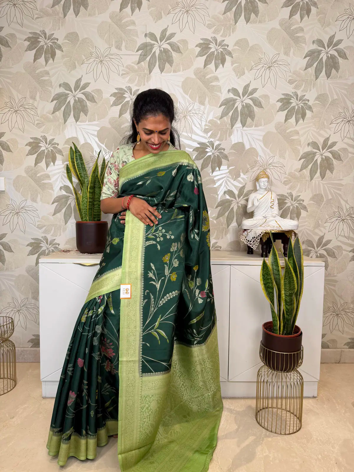 Georgette Banarasi Saree in Deep Green with Elegant Floral Weaving